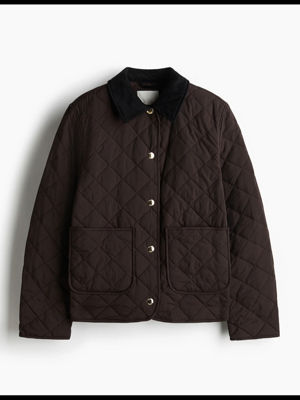 Quilted Dark Brown Button-Front Jacket with Contrast Collar